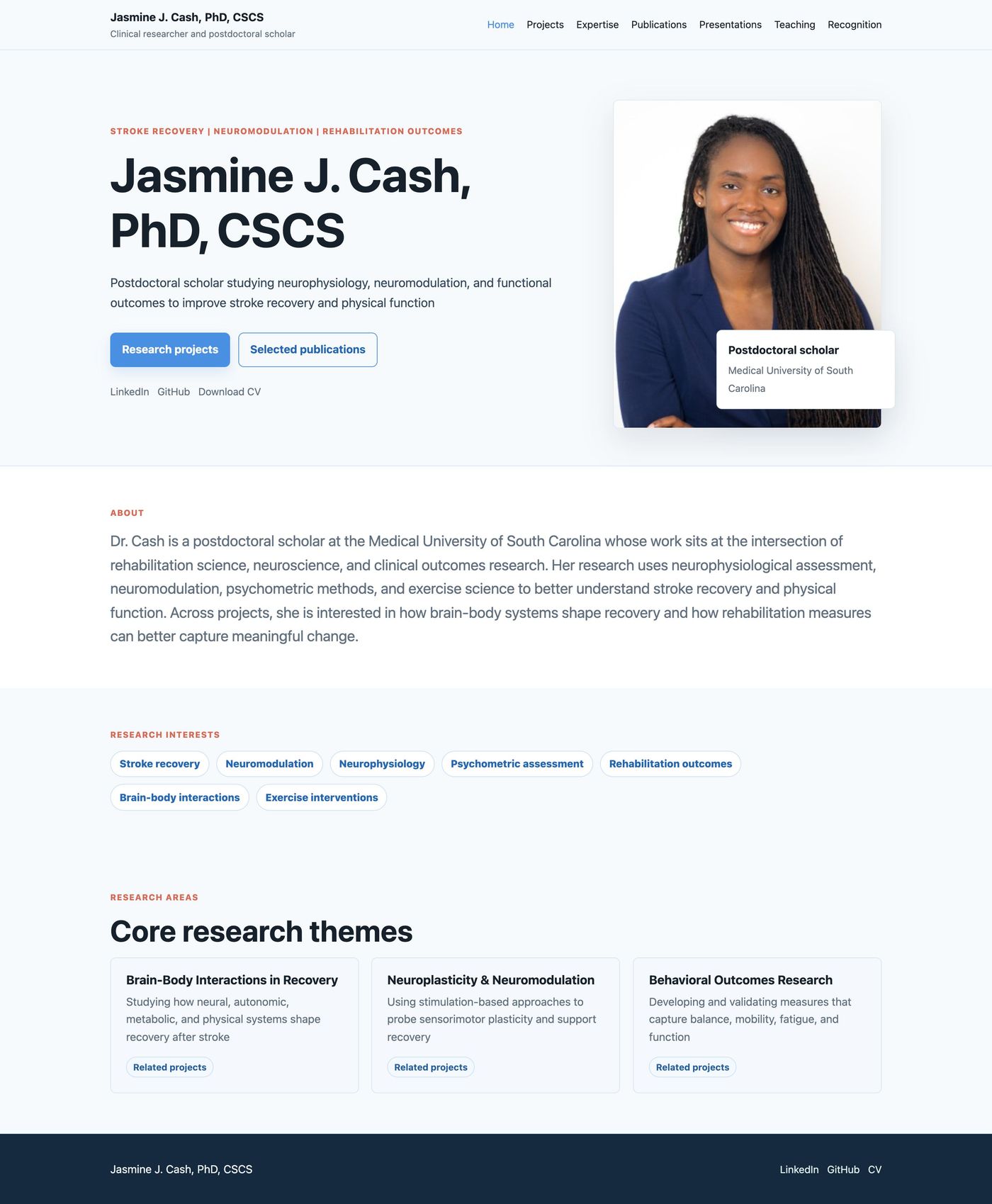 Full Jasmine J. Cash, PhD, CSCS home page design on desktop