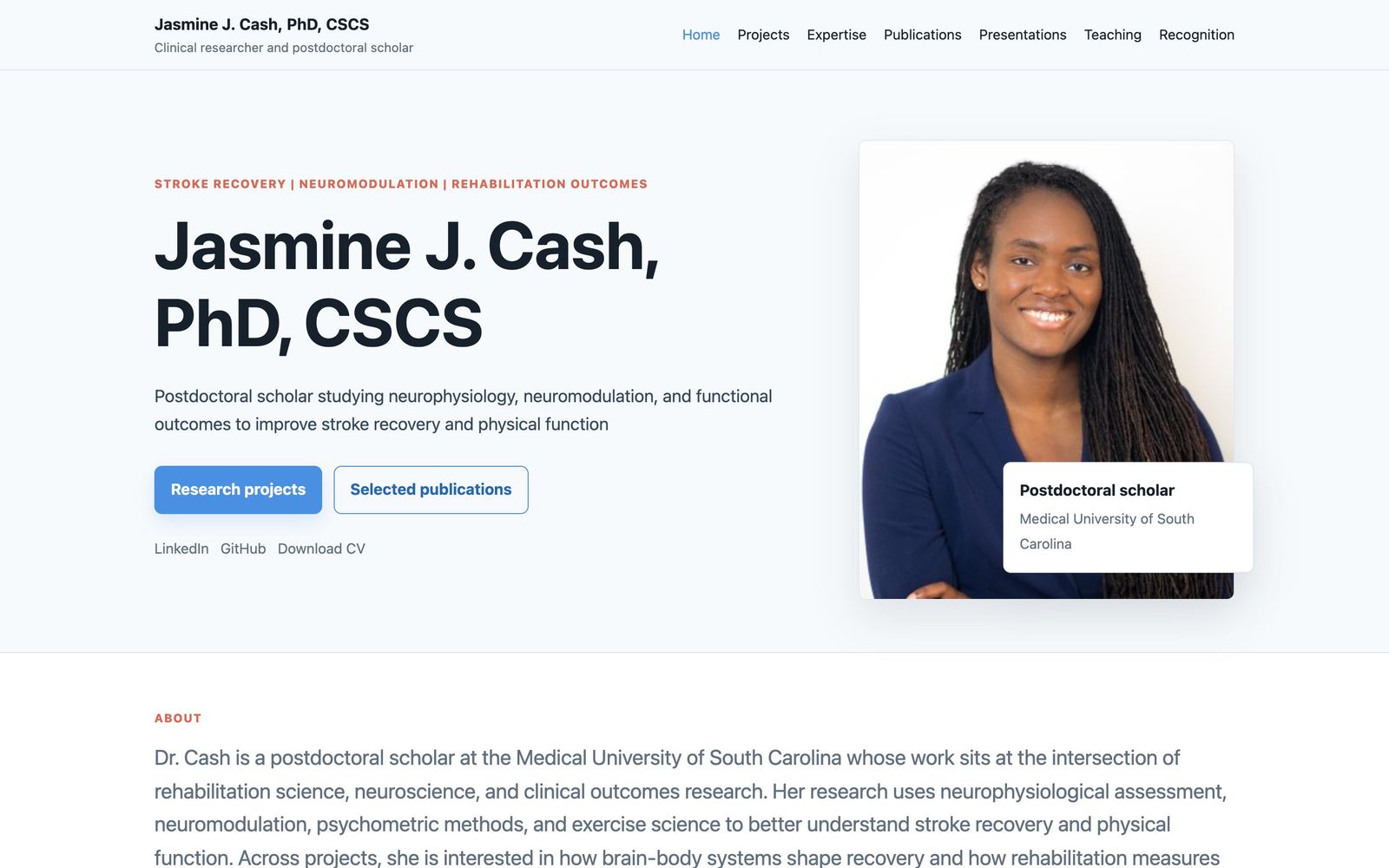 Jasmine J. Cash, PhD, CSCS website home page on desktop