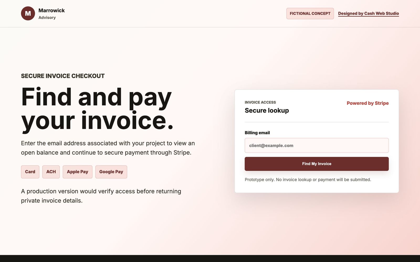 Invoice Checkout website home page on desktop