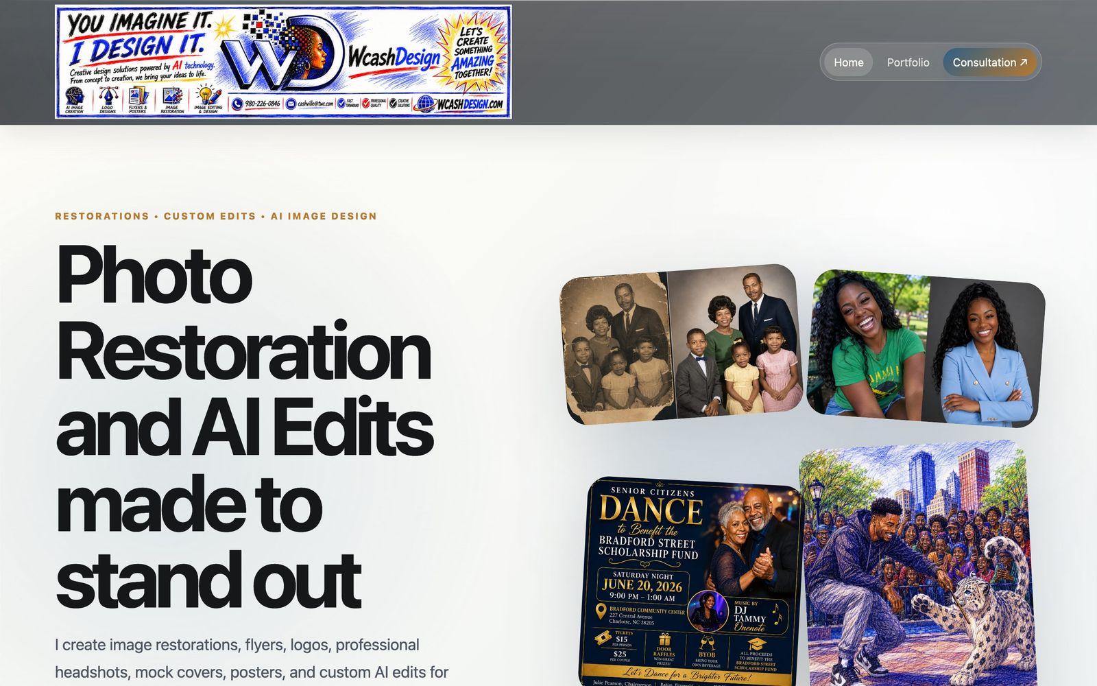 WCashDesign website home page on desktop