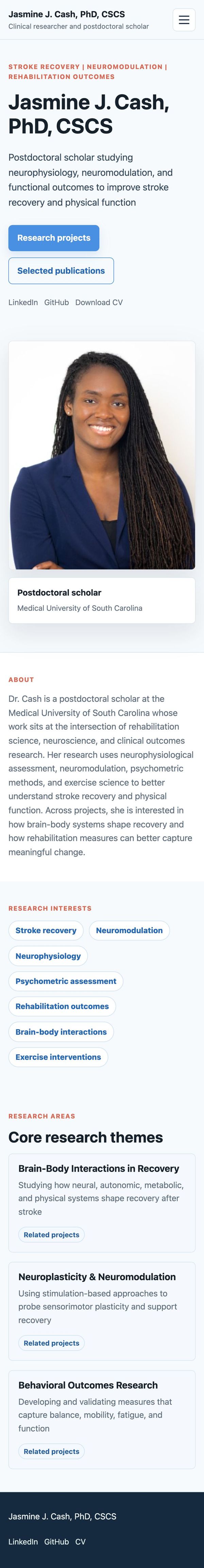 Jasmine J. Cash, PhD, CSCS website on a phone