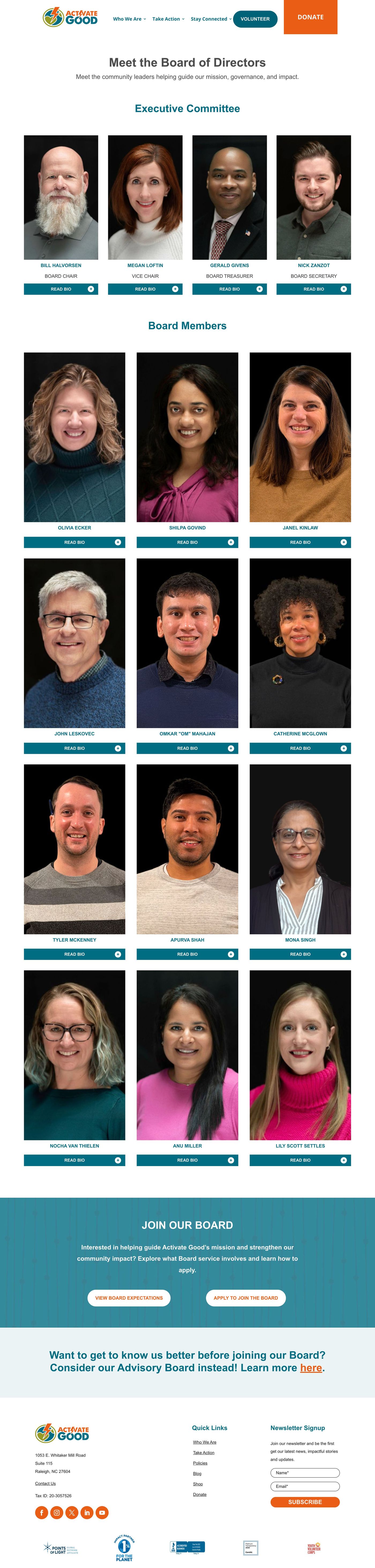 Activate Good: Board of Directors page on desktop