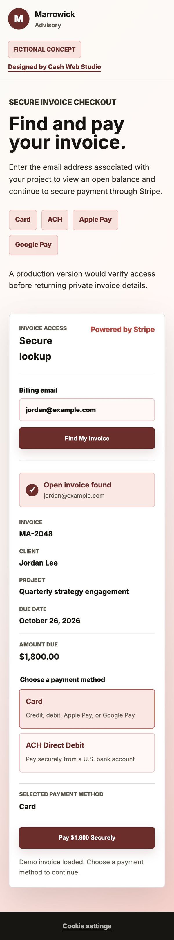 Full Invoice Checkout home page design on mobile