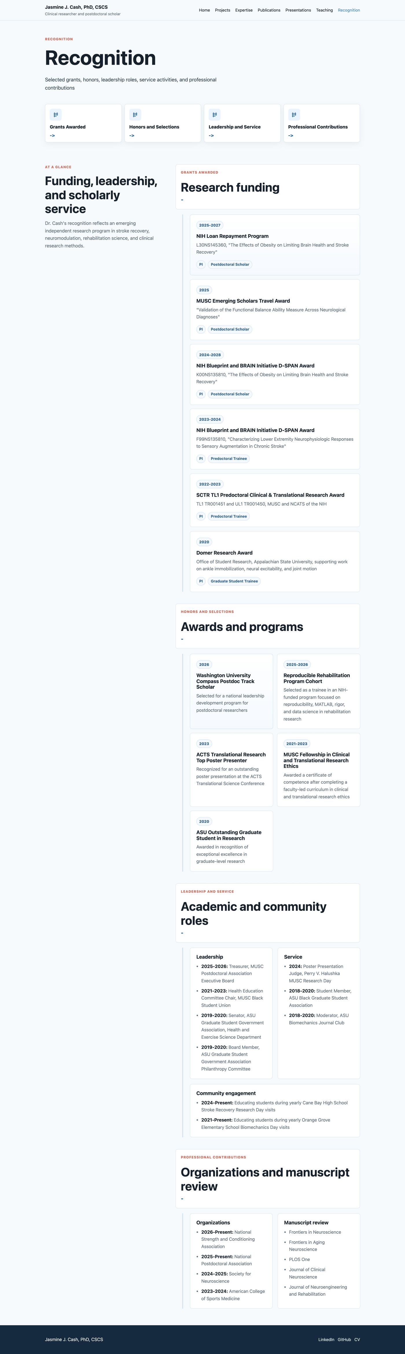 Jasmine J. Cash, PhD, CSCS: Recognition page on desktop
